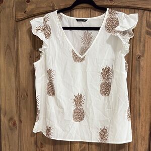 Pineapple White and Gold Flutter Sleeve Ruffled Blouse